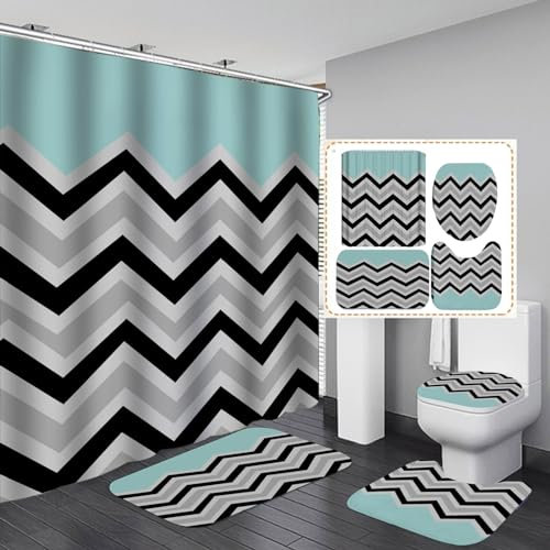 Bath Mat Grey Duck Egg Blue Bathroom Mat 4-Piece Set Washable,1 Polyester Shower Curtains Mould Proof Resistant+1 Toilet Mat+U Bath Mat Set+1 Door Mat Non Slip(50x80)