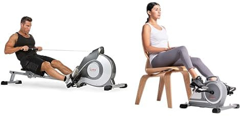 Sunny Health & Fitness Magnetic Under Desk Mini Exercise Cycle Bike, Dual Function Pedal Exerciser + Magnetic Rowing Machine, Folding Rower W/ LCD Monitor and Extra Long Slide Rail