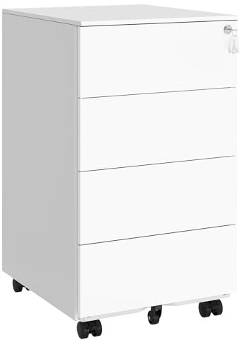 SONGMICS Mobile File Cabinet, Lockable, with 4 Drawers, Hold Documents, Stationery, Pre-Assembled, for Office, Home Office, 39 x 45 x 69.3 cm, Cloud White OFC064W14