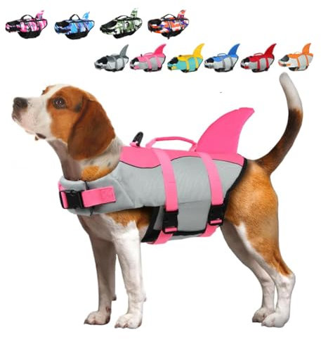 Rettungswesten für Hunde Schwimmweste Hunde Hai, Leicht und Sicher für Wassersport, hundeschwimmweste mit Griff und Reflektierend für Kleine Mittlere und Große Hunde Rosa S