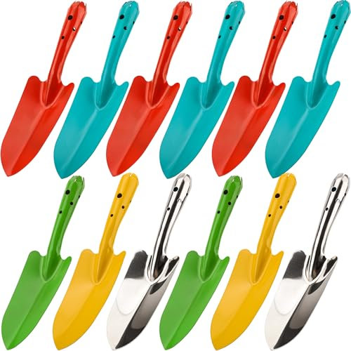 Rcanedny 12 Pieces Mini Shovel Set Metal Garden Tools Hand Trowel Small Digging Shovel for Planting Transplanting Weeding Digging, 6 Colors