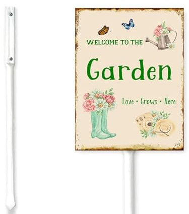 Geroclonup Metallschild Welcome To The Garden Love Grows Here, mit Pfahl für Garten, Bauernhof, Dekoration, kein Mähen, Rasenschild, Ständer, Blech-Wildblumen, Gartenschild, Outdoor, 50,8 x 76,2 cm