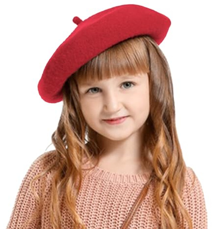 Winmany Cappello a Berretto per Bambine Cappello da Artista in Lana Autunno-Inverno per Bambini Berretto Francese in Tinta Unita (IT, Testo, Taglia Unica, Rosso)
