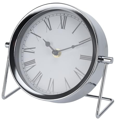 Carousel Home Modern Silver Metal Mantel Clock | Battery Operated Desk Clock With Stand | Nightstand Bedside Table Clock- 16x18cm