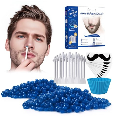 Nose Wax Kit, Cire pour Nez 50g de Cire, 30 Applicateurs, 10 Modèles de Moustache Epilation des Poils du Nez, Rapide et Indolore