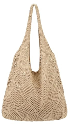 HEVIBK Strandtasche Damen Häkeltasche für den Sommer, Umhängetasche Netz-Stricktasche für Reisen Einkaufen und Alltag (Braun)