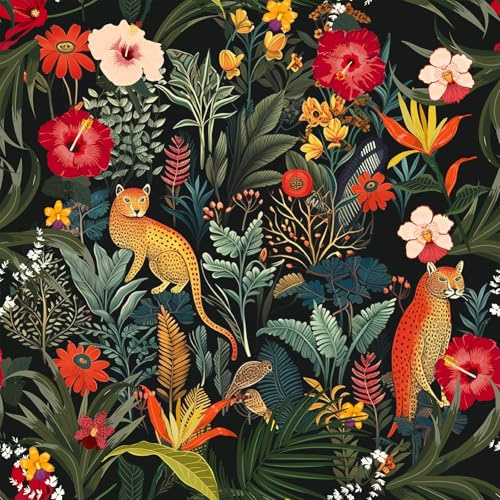 VEELIKE Dunkle Tropische Tapete Dschungel Schwarz Blumentapete Selbstklebende Tapete Blumen Leopard Wald Tapeten Schlafzimmer 44.5cm x 300cm Abnehmbar Mustertapete Kinderzimmer Tapeten Blätter Retro