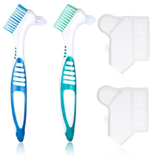 IKOPFLN 2 Pezzi Protesi dentale scovolino denti, denti finti scovolino denti, spazzolino per dentiera, spazzolino per protesi dentale, Con 2 maniche di protezione