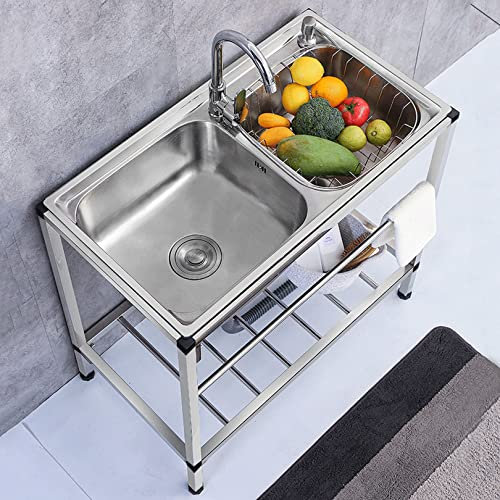 Utility Sink Outdoor Sink Catering Sink Commercial Stainless Steel Double Bowl Unit with Hot and Cold Tap & Drainer Kitchen Restaurant Sink with Storage Shelf