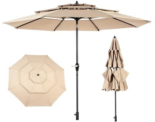Villeston 3M Patio Sonnenschirm, 3-Schicht Marktschirm mit 8 stabilen Rippen, Kurbel- & Neigungsmechanismus, wasserdichtem UV-beständigem Stoff,für Garten und Outdoor (Schirmständer nicht enthalten)