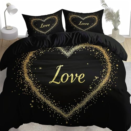 Nero Copripiumino Matrimoniale 250X200 Cornice A Forma Di Cuore 3D Stampa Morbida Microfibra Biancheria Da Letto Con Cerniera Per Bambini/Adulti 1 Copripiumino + 2 Federe 50X80 Cm