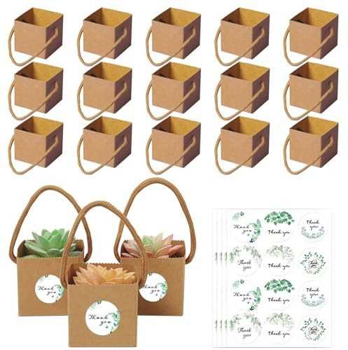 40 sacchetti di carta kraft per piante grasse, con manico, per matrimoni, compleanni, feste, baby shower, 6,35 x 6,35 x 6,35 x 6,35 cm