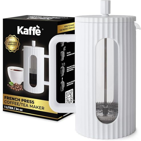 Kaffe - Cafetera de prensa francesa (34 onzas/1 l) – Vidrio de borosilicato y prensa de café de plástico sin BPA – Blanco – Cafetera ligera para viajes y camping