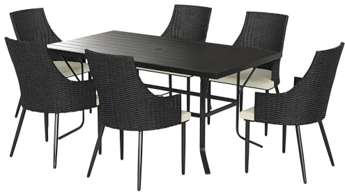Outsunny 6 Seater Rattan Dining Set with Cushions, Garden Furniture Set with Armchairs, Rectangle Slatted Table Top, Steel Frame, Parasol Hole, Wicker Outdoor Furniture for Patio, Balcony, Cream White