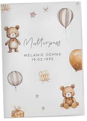 NORDEULE Mutterpasshülle mit Name und Datum personalisiert Beige Weiß | Kunststoff Schutzhülle mit Design-Einsatz Bären Luftballons und Ultraschallbildfach (Molly Weiß, Mutterpasshülle)