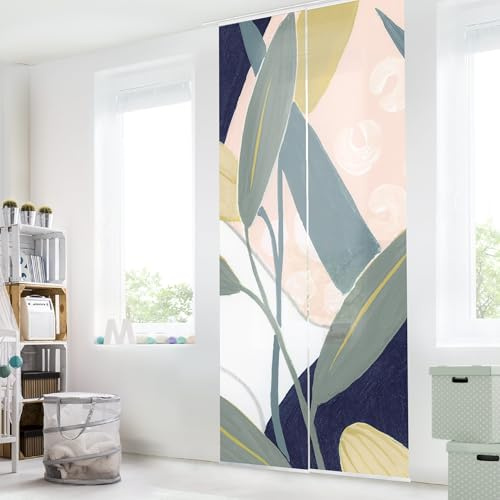 micasia Schiebegardine halbtransparent 60er Paneel Klett Muster Textil lichtdurchlässig - Pflanzen Tropisch Flächenvorhang gelb Wohnzimmer Schlafzimmer 2511 (120x250 cm - 2er Set)