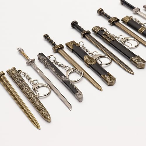 7 miniespadas de 12 cm, Llavero de Espada Antigua China, Llavero de aleación de Zinc, Vaina Antigua, con patrón Decorativo, Modelo de Hoja sin Cortar, para Hombres y Mujeres, para