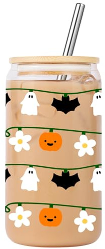 Nymora Halloween 16oz Glass Tumbler with Straw and Lid & Pumpkin Ghost String Lights, Spooky Gifts