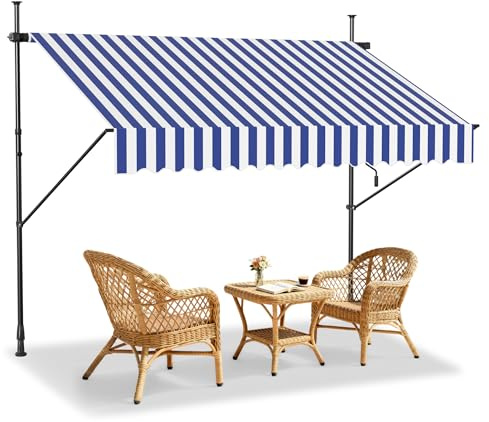XMTECH Klemmmarkise Gelenkarmmarkise Balkonmarkise ohne Bohren, UV-Schutz Klemmmarkise mit Handkurbel, Höhenverstellbar Markise für Garten Terrasse - 350 x 120 cm, Blau-Weiß gestreift
