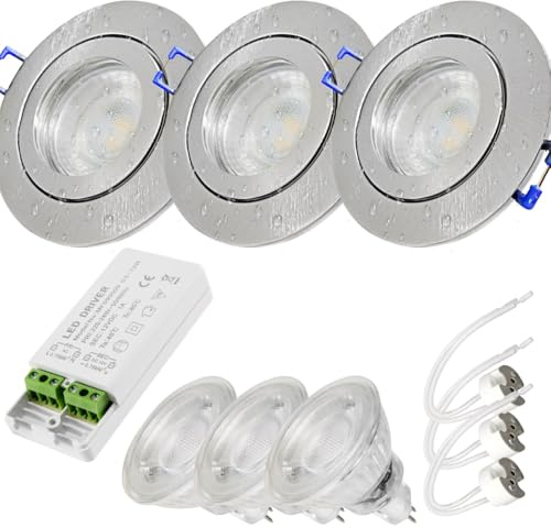 LED Einbaustrahler 12 V IP44 – 3er Set in Silber für Bad, Küche & Feuchträume, inkl. Trafo & MR16-Fassung – 3 W, 250 lm, 3000 K warmweiß, Ø 60–68 mm, optimal zur Umrüstung auf moderne LED Beleuchtung
