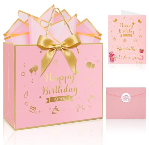 OLOSONG 33 cm Happy Birthday Geschenktüte für Frauen Mädchen, mit Griffen Design, Glückwunschkarte, Umschlag Aufkleber Bogen Schleife und Seidenpapier für Frauen Mädchen (33 cm Pink+Gold Heißprägung)