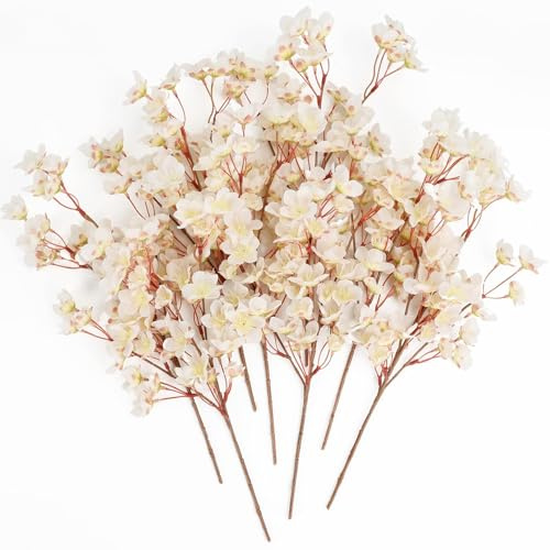8PCS Artificial Cherry Blossom Flowers, 16 Inch White Faux Sakura Stems