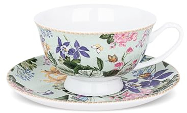 fanquare Elegant Porslin Kaffekopp Och Fat Set 180 ml, Vintage Kaffekopp med Blommönster Och Fjärilar Shabby Chic Frukostmugg Till Frukost Hem Och Kontor