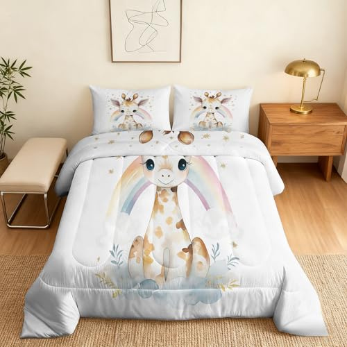 Cut Giraffe Comforter Set Queen Size 3Pc, Rainbow Cartoon Animal Kids Pattern Down Alternative Bed Comforter, 2 Pillow Shams, Soft All Season Bedding, Cut Giraffe Bedroom Decor AF1612