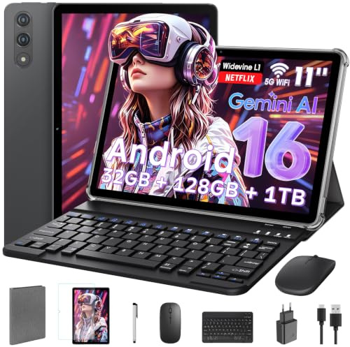 Tableta de 11 pulgadas con teclado｜Android 16 con Gemini AI｜32GB RAM + 128GB ROM (1TB TF) | 1920×1200 90 Hz | Unisoc T7250 | GPS | Widevine L1 | 8000 mAh | 8 MP + 16 MP | Wi-Fi 5.8G + 2.4G (Gris)