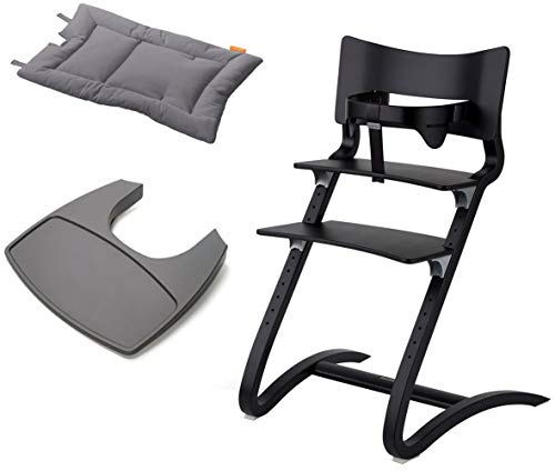 Leander Stuhl schwarz lackiert - Hochstuhl - Kinderstuhl - Erwachsenenstuhl mit Babybügel + Tablett grau + Kissen cool grey