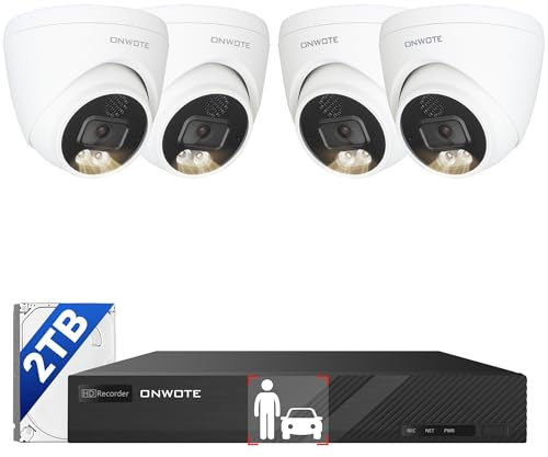 ONWOTE 4K NVR PoE Security Camera System 2 Way Audio, 8 Channel NVR 2TB, 4X 8MP Wired Outdoor IP Cameras, 125° FoV, AI Human Vehicle Detection Trigger Color Night Vision, CCTV Kit for Home Businesses