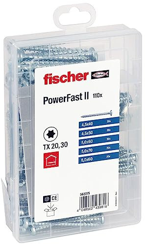 fischer Meister-Box PowerFast II Spanplattenschraube, vorsortierte Sortimentsbox mit 110 blauverzinkten Schrauben, PanHead, TX-Antrieb und Vollgewinde, universelles Set zur Befestigung