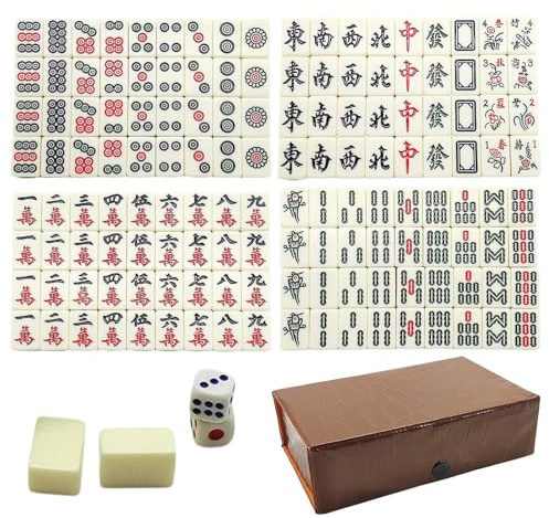Jlobnyiun Mahjong Chino: Juego Completo de Tiny Majiang con 144 fichas | Mah-Jongg Set Juego de reunión Familiar para la Noche Familiar, Fiesta de Nochevieja