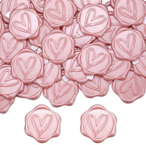 Filhome 50 Stück Wachssiegel Selbstklebend Herz Umschlagaufkleber Dekoration Sticker für Hochzeit, Einladungen, Geschenke, Briefe (Rosegold)