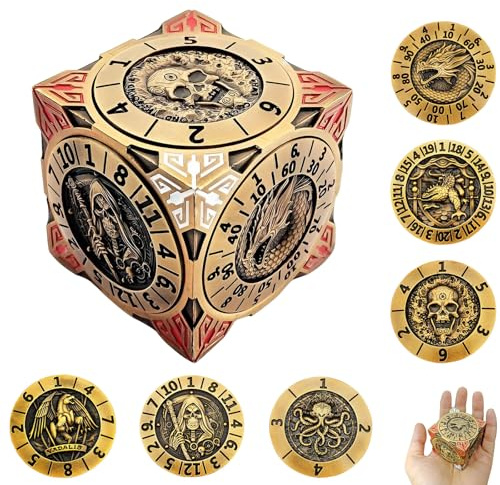 DND Spinner-Würfelset, 7-in-1 Metall-Würfel mit 3D-Relief, Dungeons and Dragons, polyedrische Rollenspiel-Würfel, Fantasy D&D Tabletop-RPG-Zubehör (Antikes Gold)