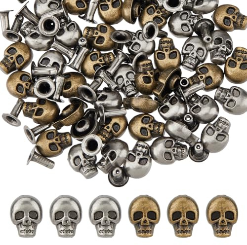 SUPERFINDINGS 48PCS 2 Colors Punk Skull Rivet Studs Alloy Leather Rivets Metal Halloween Punk Studs Skeleton Stud Handicraft DIY Spikes Accessories for DIY Bags Leather Crafts Belts Shoes