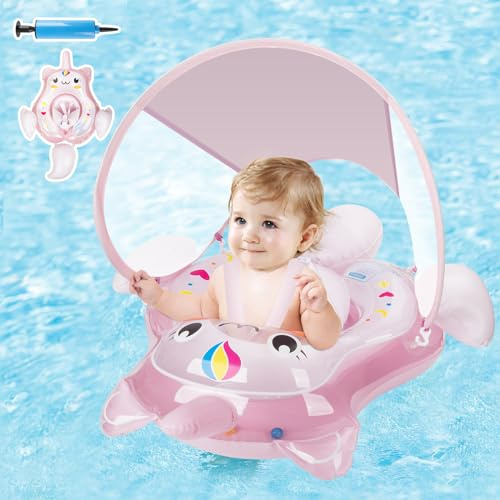 Schwimmring Baby mit UPF50+ Sonnendachm, Parner Baby-Schwimmkörper mit Sicherheitssitz Schwimmhilfe Kinder für 3-36 Monate