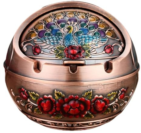 Vintage Aschenbecher mit Deckel, Pfauenmuster, 10x10 cm, Antik-Messing, Rosen-Design, für Innen und Außen,windaschenbecher für draußen (Rot)