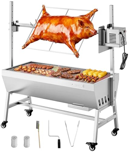 VEVOR Asador Giratorio Eléctrico 7 Niveles de Altura, Capacidad de Carga de 60 kg, Motor de 38 W, de Acero Inoxidable, con Ruedas, Rotación Suave de 360°, Parrilla para Fiestas, Barbacoas, Acampadas
