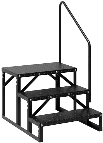 Garvee Escalier externeérieur antidérapant 3 marches pour Camping-Car – Capacité 300 kg, Portable, Acier allié, sécurité Accrue – Marchepied Robuste avec Rampe – Simple Main Courante | 3 marches