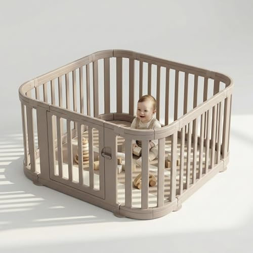 Venture All Stars Baby Playpen - Large Plastic Playpen for Baby and Toddlers with Free Mat, Sturdy Lockable Door, Push-Fit Assembly, Rounded Edges, Indoor & Outdoor Play Pen - Beige