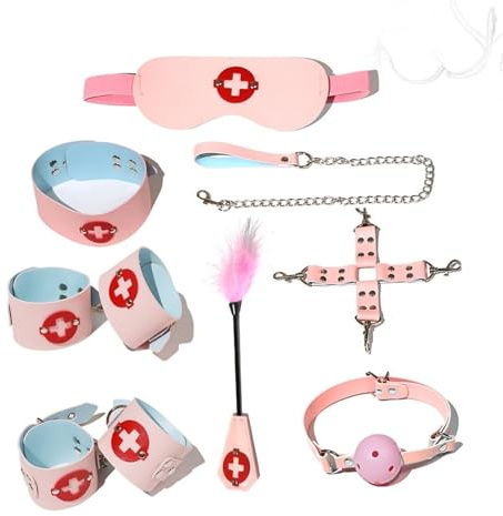 CYGzeon Ensemble De Bondage 8 Pièces Menottes De Bondage Masque for Les Yeux Collier Bâillon Plume Chatouilleur Attaches De Cheville Ensemble De Retenue Bouchon De Bouche SM Jouet Sexuel