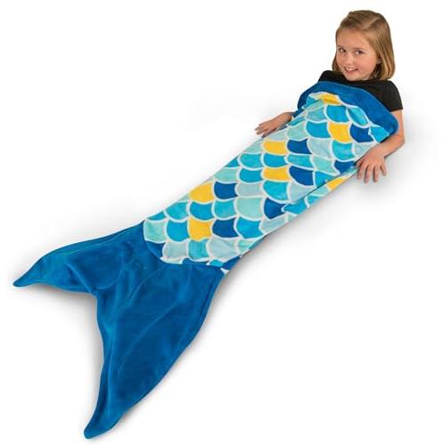 Fin Fun Mermaid Tail Blanket Kids, Girls and Boys - Cuddle Tails - Perfect Birthday Kids, Wave Blue