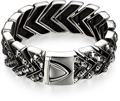 JewelryWe Schmuck Herren Armband mit Totenkopf Schädel, Edelstahl Groß Schwer Gliederkette Gotik Biker Armkette Schwarz Silber
