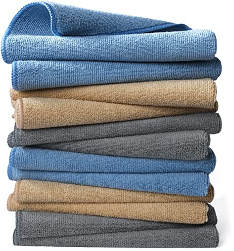 Polyte - 12 Chiffons de Nettoyage en Microfibres - qualité Professionnelle - Bleu/Camel/Gris - 41 x 41 cm