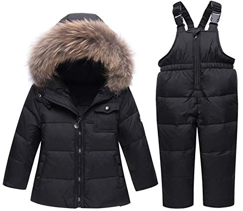 amropi Tuta da Sci per Bambino Unisex Tute Completo da Neve 2 Pezzi Invernale Giacca con Cappuccio e Pantaloni Nero-1,4-5 anni