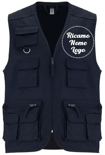 Ristohouse Gilet leggero Multitasche per Lavoro, Caccia e Pesca, Trekking, Personalizzabile con Ricamo (BLU SCURO, M)