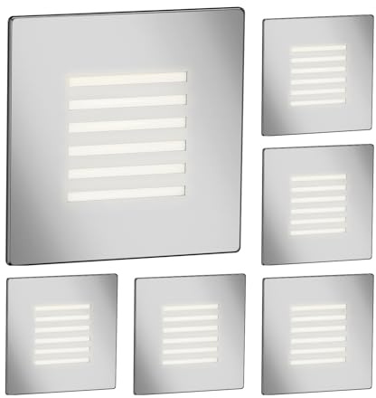 ledscom.de Lot de 6 luminaires LED d'escalier/encastrés muraux FEX pour l'intérieur et l'extérieur, grille, forme carrée, acier inoxydable, 85 x 85 mm, blanc chaud