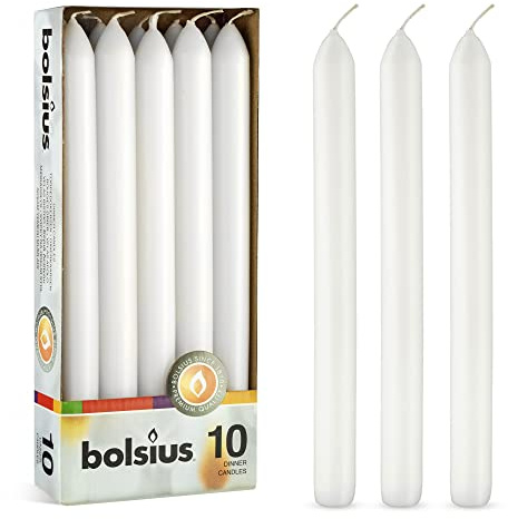 BOLSIUS 10 Count Household White Dinner Candles - 9 Inches - Premium European Quality - Approx. 8 Hours Burn Time - Unscented Dripless and Smokeless, Restaurant, Wedding, Spa, and Party Candlesticks