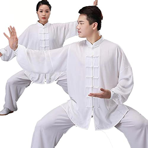 HFCY Cinese Tradizionale Arti Marziali Kung Fu Tai Chi Abbigliamento per Uomo Donna Camicia Manica Lunga Pantaloni Formazione Uniforme Primavera, bianco-M